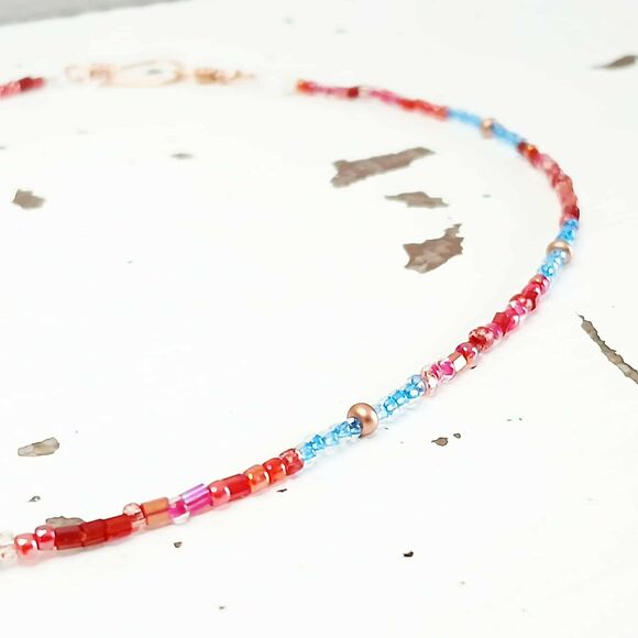 Minimalist Beaded Choker Necklace, Hammered Copper, Handmade Artisan 14.5" - Picture 2 of 5